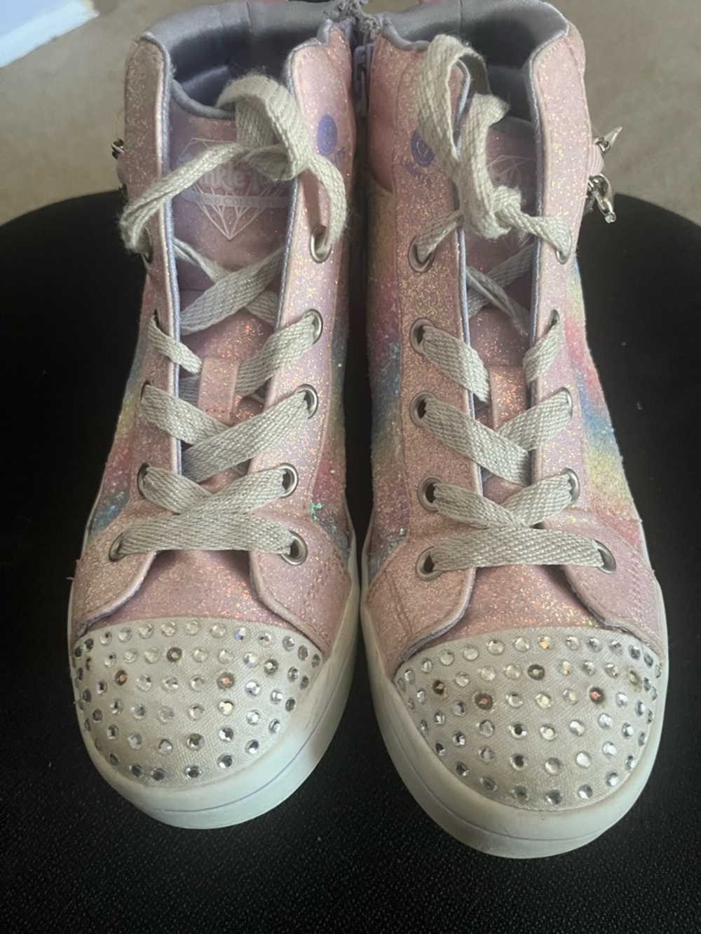 Skechers Girls Pink Glitter High-Top Sneakers with Rhinestone Toe